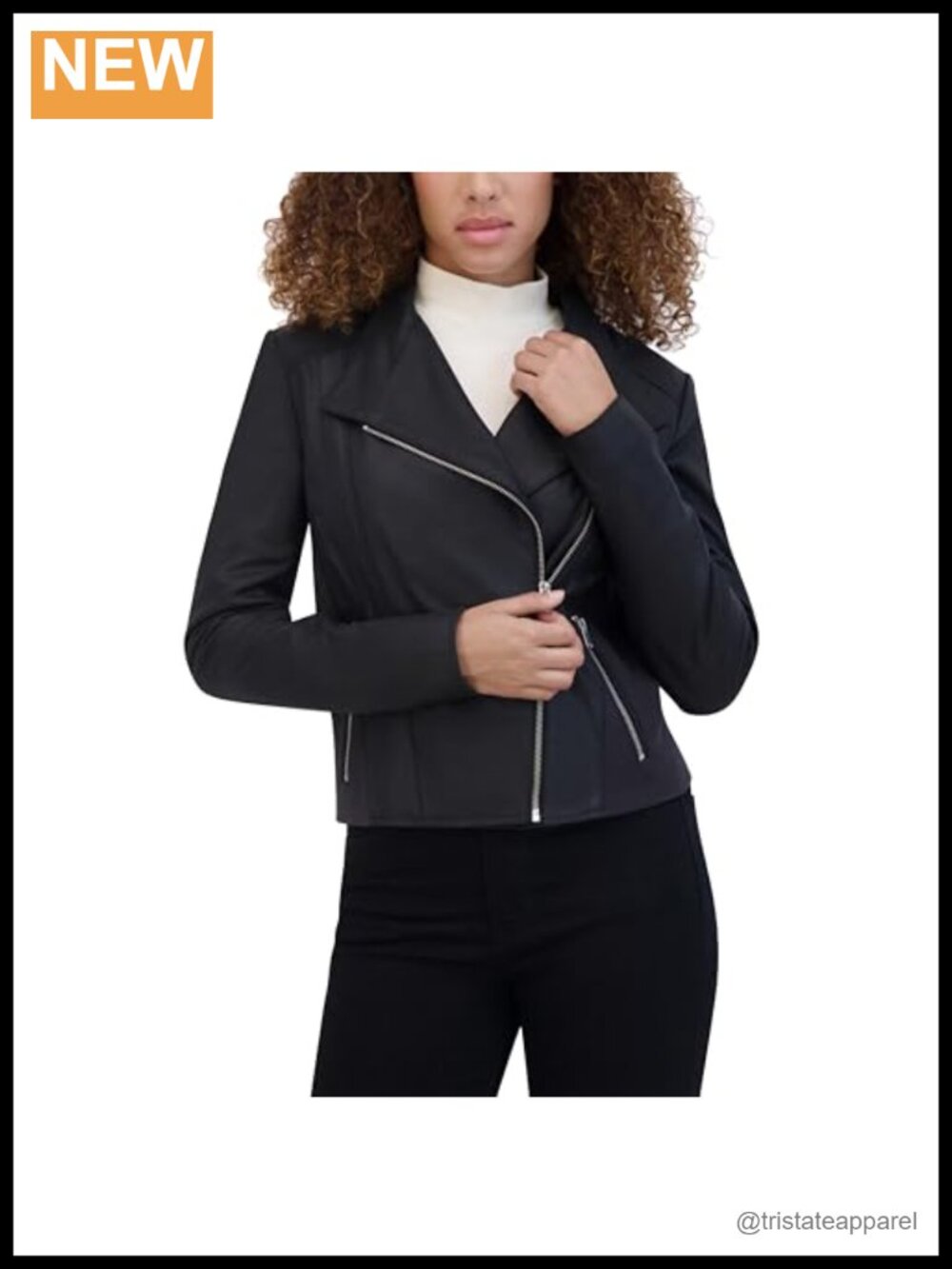 Asymmetrical Genuine Leather Moto Jacket with Rib Knit Panels, Long Sleeve, Zip